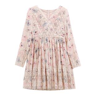 芭依璐连衣裙2025春装新款长袖法式甜美蕾丝V领重工印花小众裙子