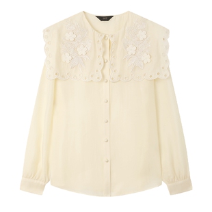白鹿语重工花朵刺绣衬衫2025年春季新款娃娃领泡泡长袖减龄衬衣女