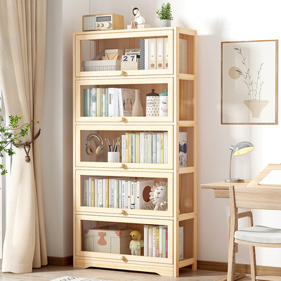 原木色书架防尘带门桌面儿童书柜展示柜小储物柜置物架落地收纳架