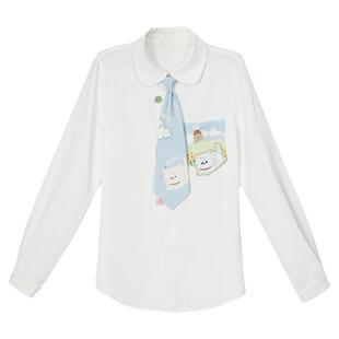 森女部落原创可爱小狗图案日常免打领带白色衬衫2026春季新款女装