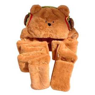 2025新款可爱汉堡小熊毛绒帽子围巾一体女冬天保暖防寒手套三件套