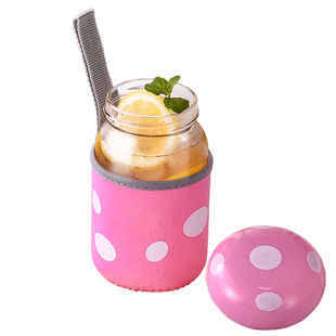 夏季水杯便携果汁玻璃杯女高颜值刻度杯食品级耐高温带盖蘑菇杯子