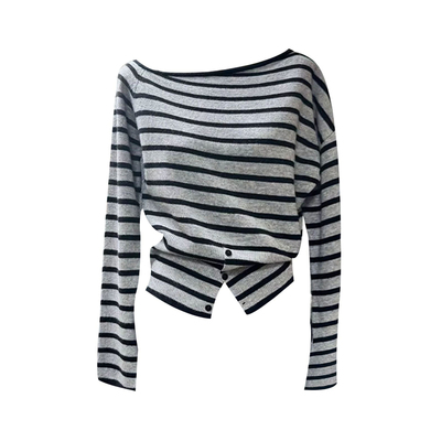 法式早秋气质条纹不规则小众上衣