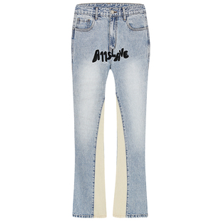 A11SLAVE水洗拼接刺绣牛仔长裤高街潮流百搭基础微喇叭裤男VIBE风