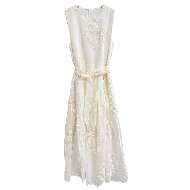yuan单!刺绣圆领无袖背心连衣裙