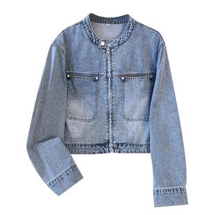 丹宁深蓝色圆领牛仔衣外套女爆款2026年超火开春秋装新款短款夹克
