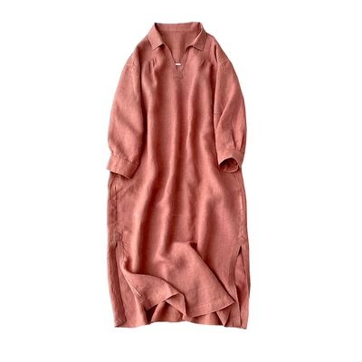 秋季亚麻翻领长袖连衣裙纯色罩衫