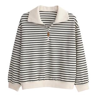 polo领条纹女款卫衣女春秋冬短款外套撞色翻领长袖上衣宽松百搭