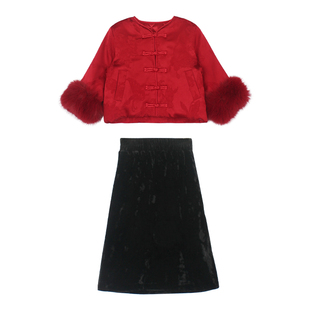 大耳象女童新中式盘扣旗袍上衣丝绒半裙冬款宝儿拜年服气质套装