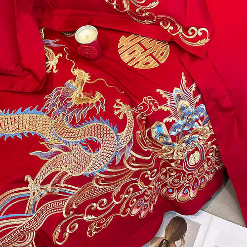 新中式180支长绒棉结婚四件套红色龙凤被套床单纯棉婚庆床上用品4