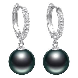黛米珠宝 羽梦 9-10mm正圆大溪地黑珍珠耳环S925银海水耳圈耳饰女