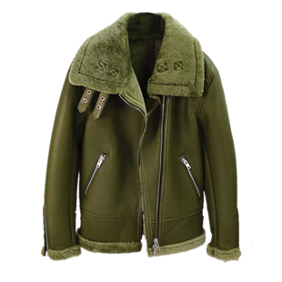牛油果绿色原生态羊皮毛一体出口米国奢品斜拉链女保暖外套