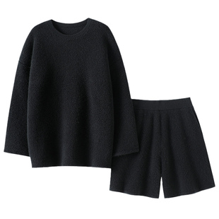 一穿钟情！加厚100%纯山羊绒衫女圆领毛衣宽松针织短裤秋冬套装