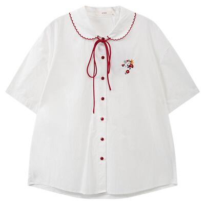 西町村屋可爱风衬衣女2026夏季新款刺绣蝴蝶结短袖衬衫XHBB10020