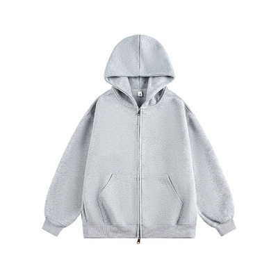 重磅灰色开衫卫衣双拉链连帽外套