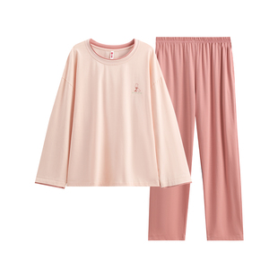 芬腾情侣纯棉长袖睡衣女士春秋季全棉宽松圆领套头男士家居服套装