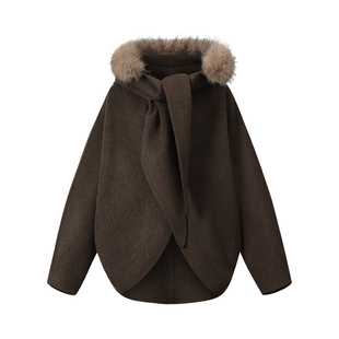 SINGLE MOMENT 25AW法式时尚宽松分体帽羊毛双面呢披肩大衣外套女