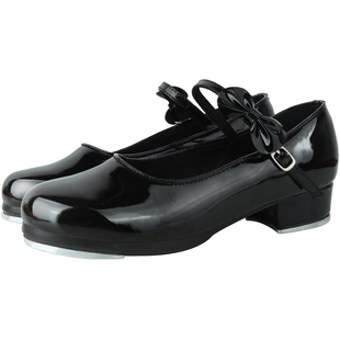 踢踏舞鞋女儿童女童女孩女士女款少儿黑色软底亮面蝴蝶结踢他舞鞋