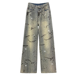 炫酷闪亮烫钻休闲牛仔裤女秋新款高腰宽松显瘦百搭直筒阔腿拖地裤