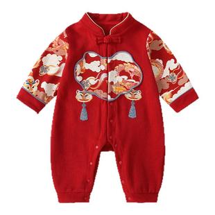 喜庆百天婴儿衣服秋装女宝宝中式红色连体衣秋冬周岁礼服拜年服男