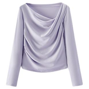 森马长袖T恤女春季短款不对称荡领斜肩露肩紧身纯色2026新款上衣