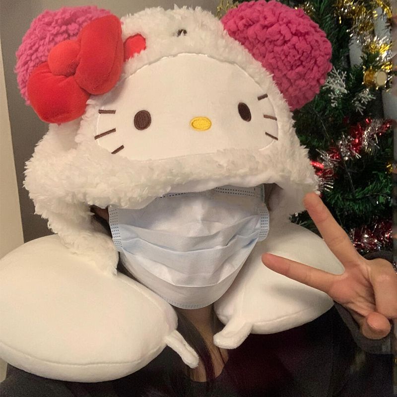 hellokittyu型枕连帽女生旅行枕开车便携可爱卡通办公室午睡神器