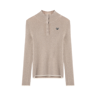 LAGOGO奶茶小熊刺绣立领毛衣女拉谷谷2025年冬新款修身针织打底衫