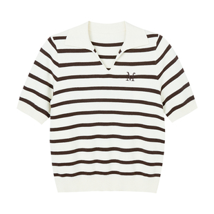 优雅米咖条纹翻领毛衣女MOFAN摩凡春秋新款撞色字母V领针织衫