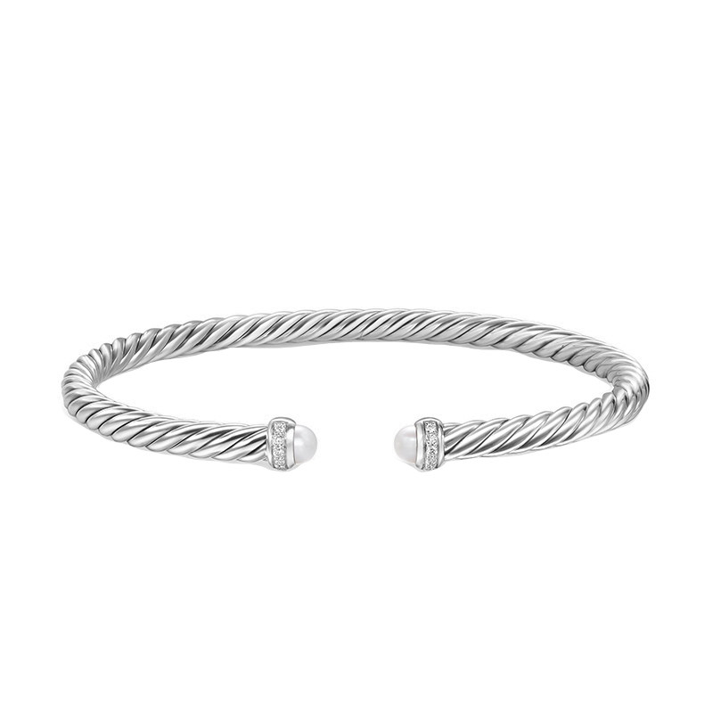 David Yurman大卫雅曼银款两端珍珠镶钻钢丝绳开口手镯DY手环4MM