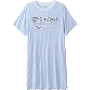 tutuanna睡衣女夏针织人棉V领卡罗希尔猫印花短袖长款睡裙家居服