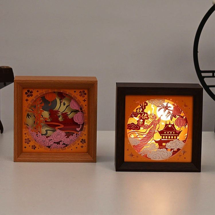 中秋节纸雕小夜灯摆件卧室礼物中式书房朋友送创意工艺品木质相框