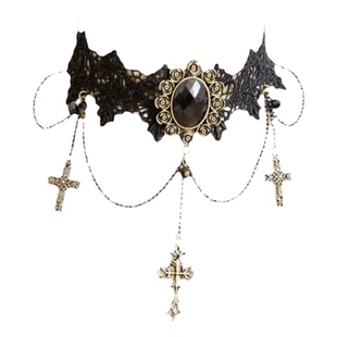 Lolita配饰暗黑锁骨链哥特十字架项链黑色蕾丝颈饰亚比脖圈饰品女