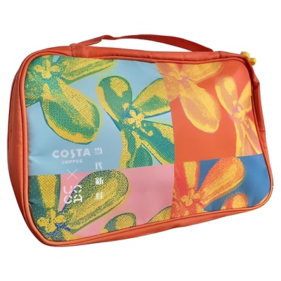 68包邮｜旅行福利～costa咖啡周边活力橙色花朵拉链手提洗漱包