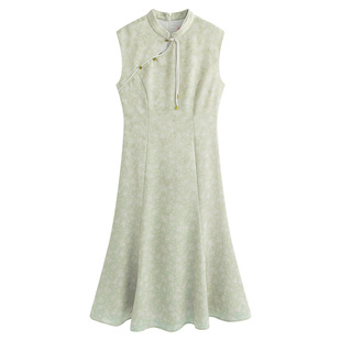 固执夏季新款新中式气质通勤显瘦提花立领无袖长款连衣裙女