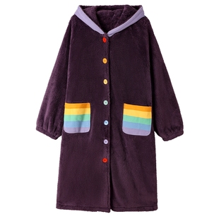 秋鹿【抗静电】可爱连帽珊瑚绒家居服女秋冬睡衣加厚睡袍宽松浴袍