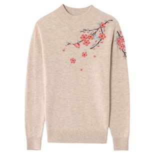 清仓恒源祥傲雪寒梅羊毛衫女装加厚印花针织打底衫无羊绒毛衣套头