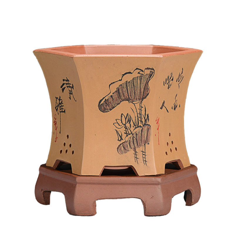 紫砂简约六方君子兰花盆