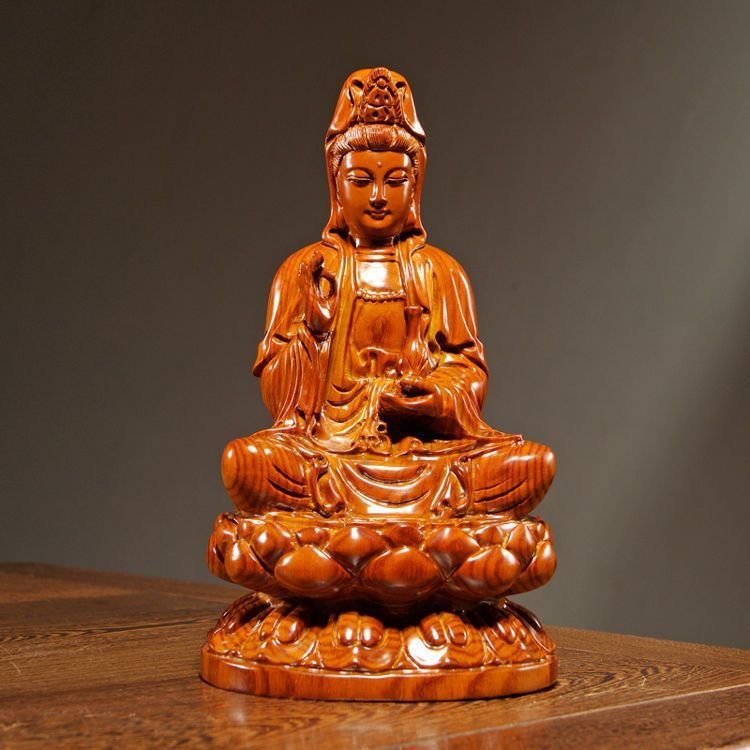 观音菩萨观音佛像摆件供奉坐莲实木观世音家居客厅红木南海工艺品
