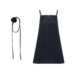 邓恩熙同款 Liilou 花朵系带 棉麻条纹重工A摆吊带连衣裙