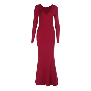 小可wiwi轻奢优雅风红色V领长袖连衣裙女收腰鱼尾裙宴会晚礼服裙