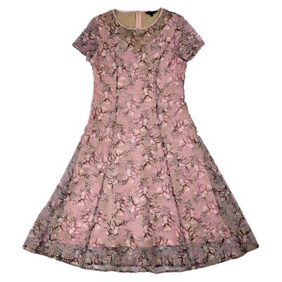 粉色气质优雅网纱刺绣蕾丝连衣裙