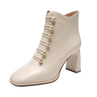 千百度高跟羊皮马丁靴新款秋冬时尚短靴子显瘦女鞋粗跟时装靴