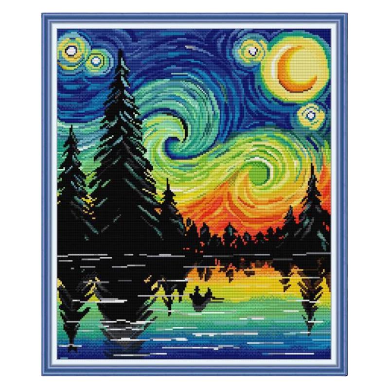油画风景唯美夜景星空十字绣艺术