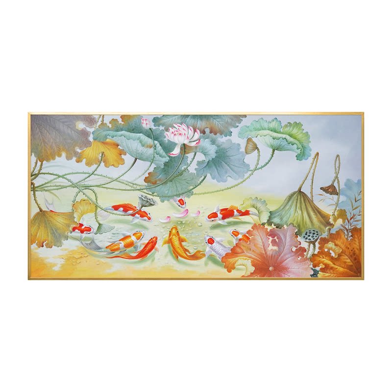 荷花九鱼图手绘油画现代简约轻奢客厅装饰餐厅卧室新中式挂画壁画