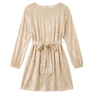 Sequined long-sleeved strappy dress   珠片长袖绑带礼服连衣裙