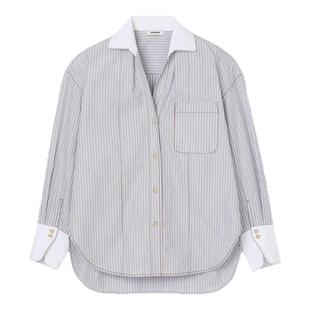 季末7折SANDRO博主同款2025秋冬新款女装翻领细条纹长袖棉质衬衫