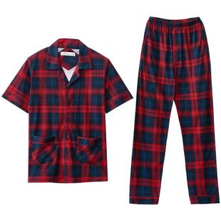 圆人睡衣男士夏季纯棉短袖长裤两件套大码格子红色2025家居服套装