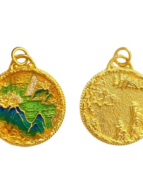 新中式国风千里江山圆牌吊坠挂坠锁骨坠毛衣链送朋友闺蜜