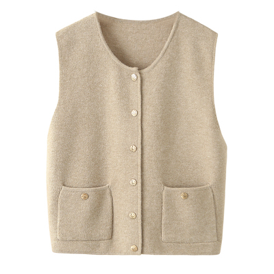 大码贝壳扣常规圆领口袋针织马夹