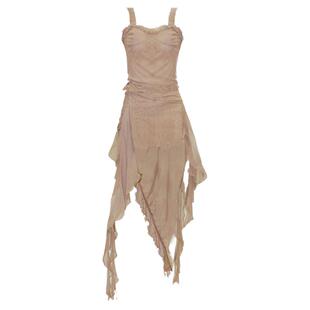 Cjxnh吊带飘带短裙套装 辣妹修身木耳边氛围感薄纱粉色不规则裙摆